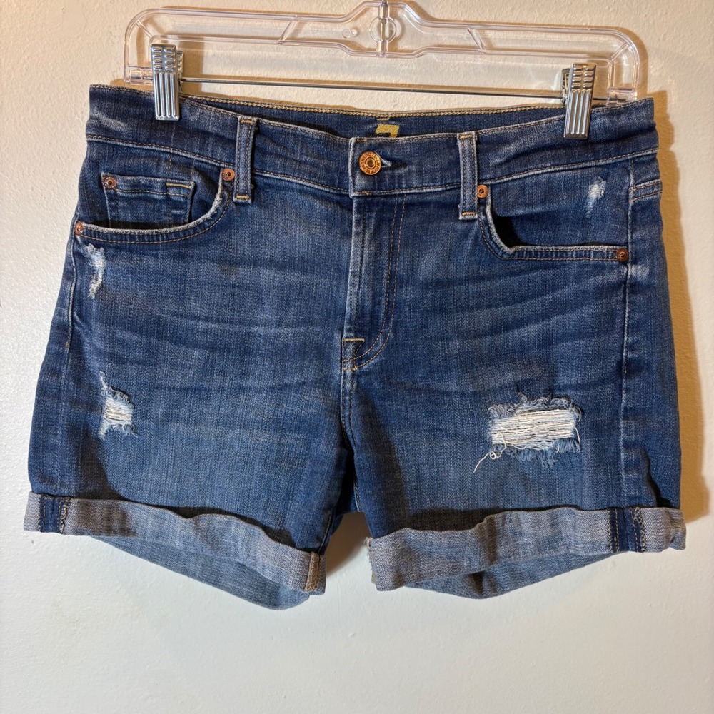 7 For All‎ Mankind Distressed Cuffed Denim Shorts Medium Wash Blue 27